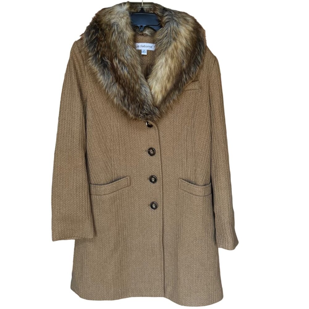 Liz Claiborne Womens‎ Coat Wool Blend Faux Fur Detach Collar Cable Pattern Sz M